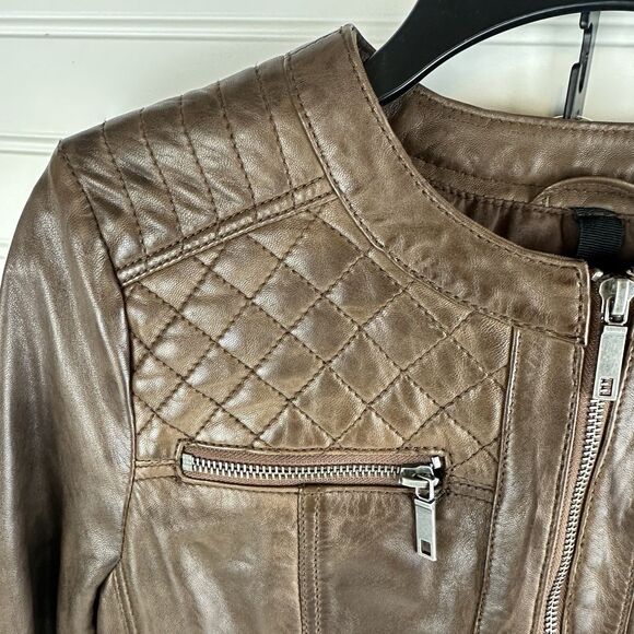 Brown Leather Moto Racing Biker Jacket Womens Small Full Zip Quilted Butter Soft - Picture 4 of 13